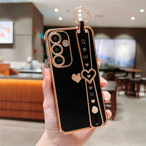 For Samsung Galaxy A57 5G Case Wristband Kickstand Electroplated Love Heart TPU Phone Cover Finger Holder - Black - 1
