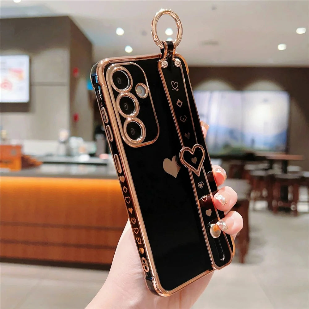 For Samsung Galaxy A57 5G Case Wristband Kickstand Electroplated Love Heart TPU Phone Cover Finger Holder - Black - 2