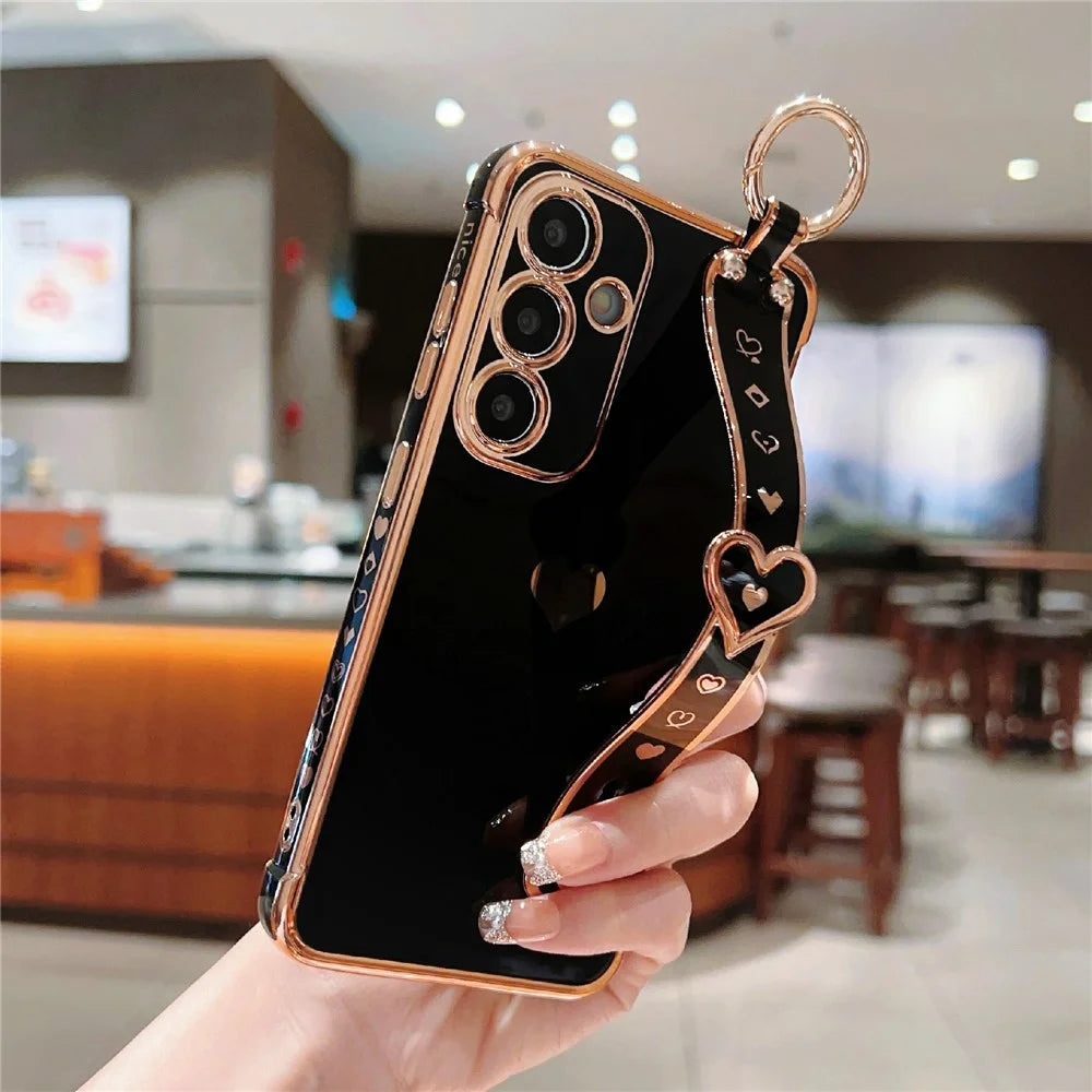 For Samsung Galaxy A57 5G Case Wristband Kickstand Electroplated Love Heart TPU Phone Cover Finger Holder - Black - 3