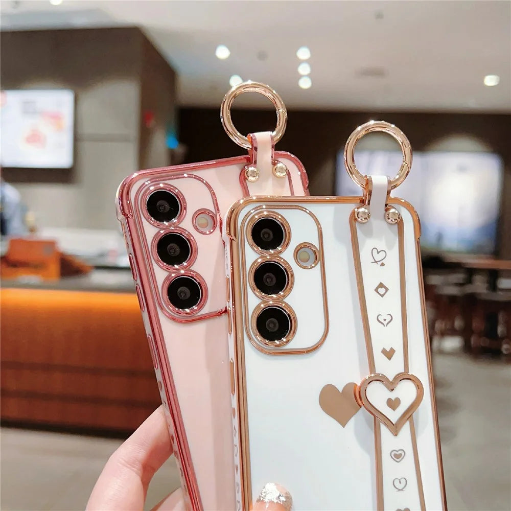 For Samsung Galaxy A57 5G Case Wristband Kickstand Electroplated Love Heart TPU Phone Cover Finger Holder - Black - 6