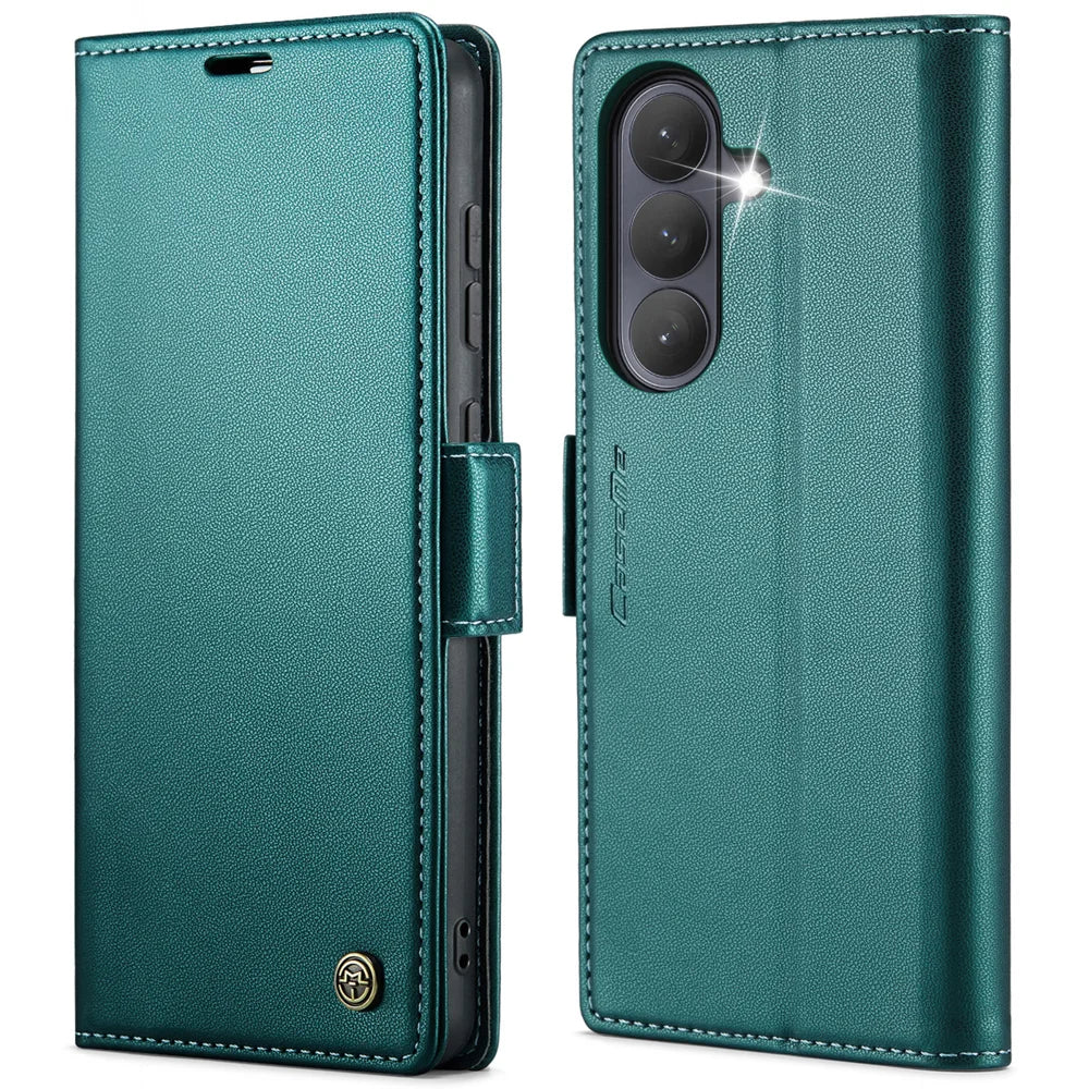 CASEME For Samsung Galaxy A37 5G Case  023 Series RFID Blocking Wallet Stand Glossy Litchi Texture Leather Phone Cover - Green - 1