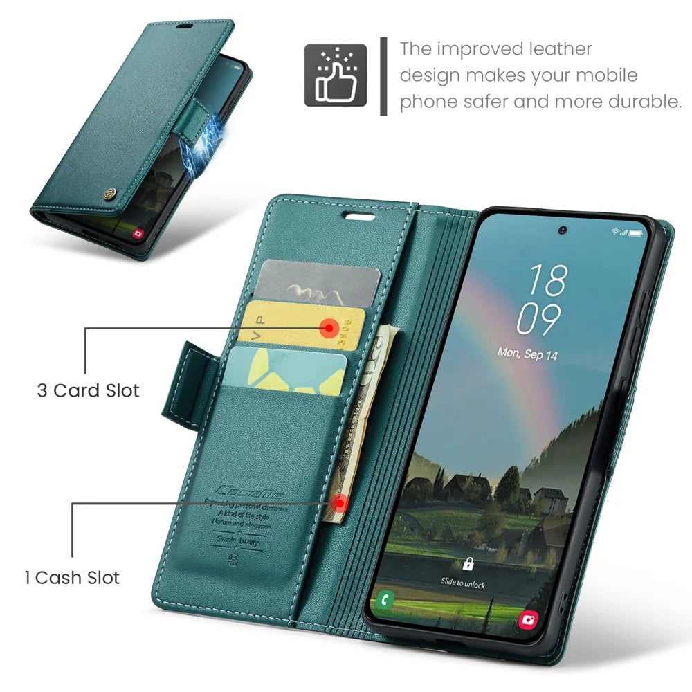 CASEME For Samsung Galaxy A37 5G Case  023 Series RFID Blocking Wallet Stand Glossy Litchi Texture Leather Phone Cover - Green - 2