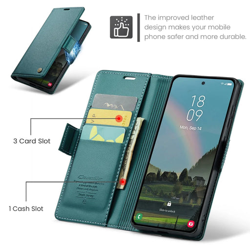 CASEME For Samsung Galaxy A37 5G Case  023 Series RFID Blocking Wallet Stand Glossy Litchi Texture Leather Phone Cover - Green - 2