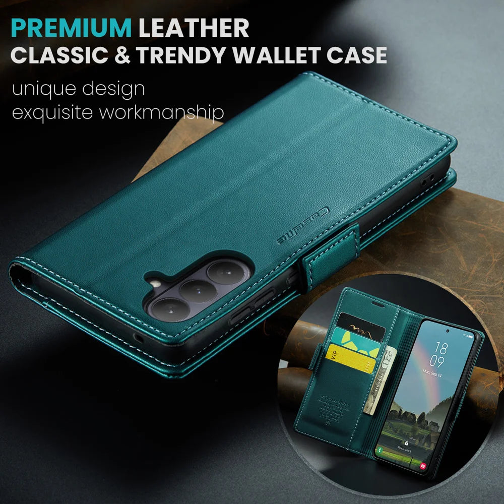 CASEME For Samsung Galaxy A37 5G Case  023 Series RFID Blocking Wallet Stand Glossy Litchi Texture Leather Phone Cover - Green - 4