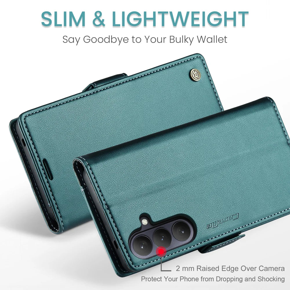 CASEME For Samsung Galaxy A37 5G Case  023 Series RFID Blocking Wallet Stand Glossy Litchi Texture Leather Phone Cover - Green - 5