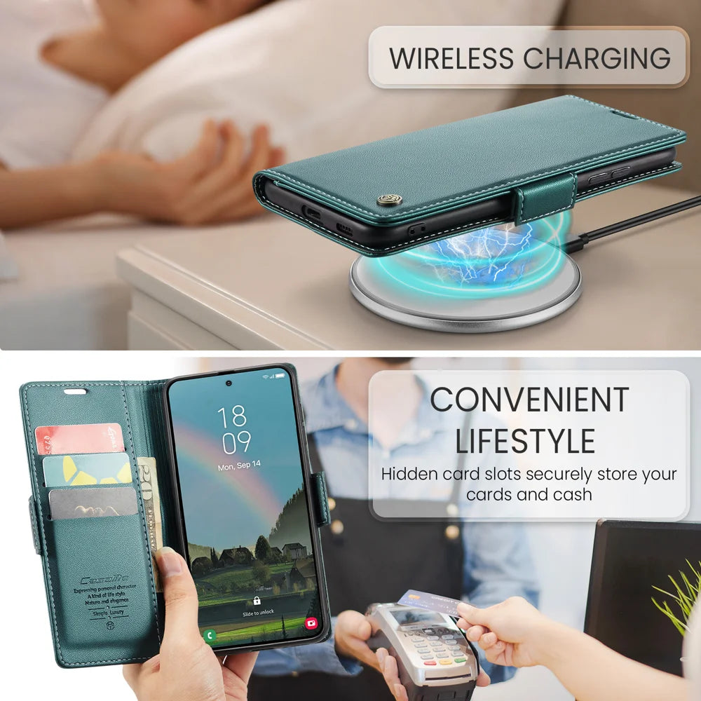 CASEME For Samsung Galaxy A37 5G Case  023 Series RFID Blocking Wallet Stand Glossy Litchi Texture Leather Phone Cover - Green - 7
