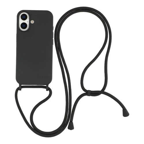 For iPhone 16 Case Liquid Silicone Protective Phone Cover with Crossbody Lanyard - Black - 1