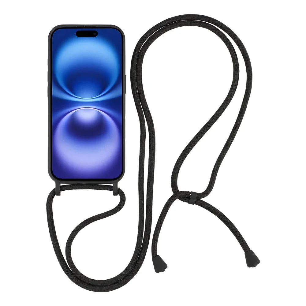 For iPhone 16 Case Liquid Silicone Protective Phone Cover with Crossbody Lanyard - Black - 2