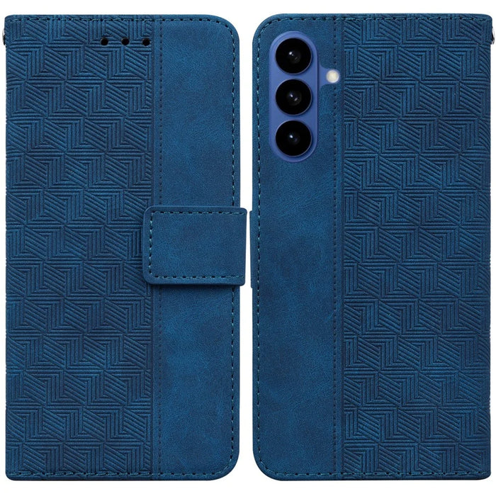 For Samsung Galaxy S26+ Case Geometry Pattern Leather Wallet Phone Cover with Wrist Strap - Blue - 1