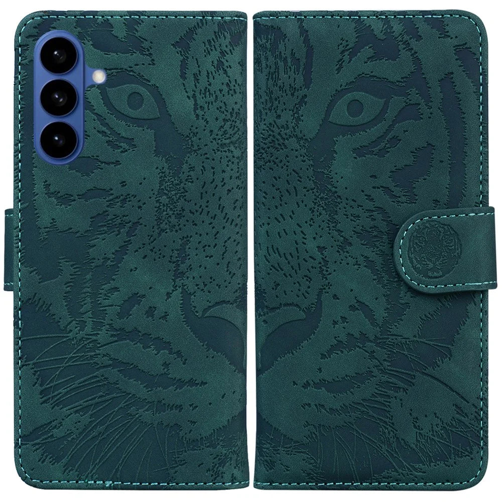 For Samsung Galaxy S26+ Case Tiger Imprint Leather Wallet Phone Cover - Green - 1