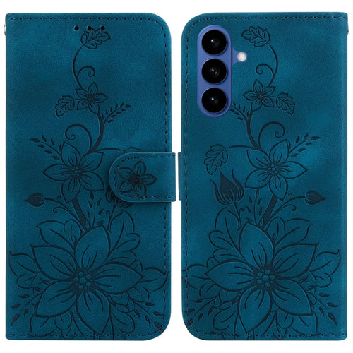 For Samsung Galaxy S26+ Stand Case Lily Flower Imprint Leather Phone Cover with Wrist Strap - Dark Blue - 1