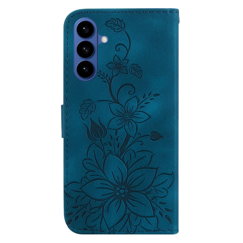 For Samsung Galaxy S26+ Stand Case Lily Flower Imprint Leather Phone Cover with Wrist Strap - Dark Blue - 7