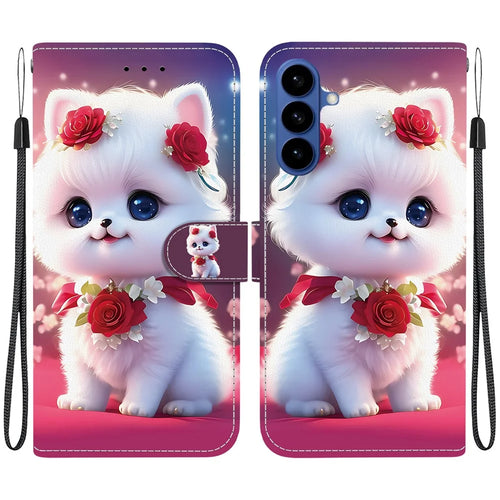 For Samsung Galaxy S26+ Leather Case Stand Wallet Pattern Printing Phone Cover with Wrist Strap - Rose Cat - 1