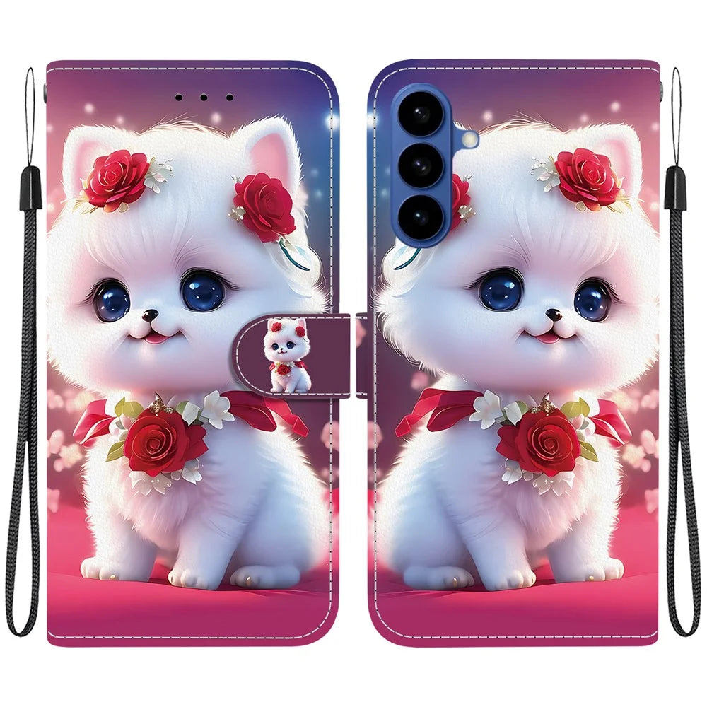 For Samsung Galaxy S26+ Leather Case Stand Wallet Pattern Printing Phone Cover with Wrist Strap - Rose Cat - 1