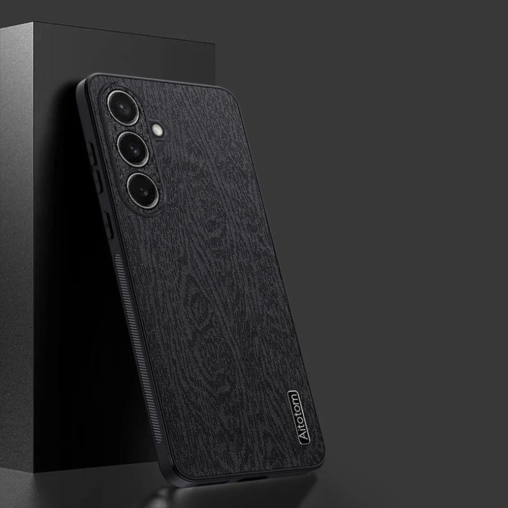 For Samsung Galaxy S26+ Case Wood Texture PU Leather Coated PC TPU Phone Cover - Black - 2