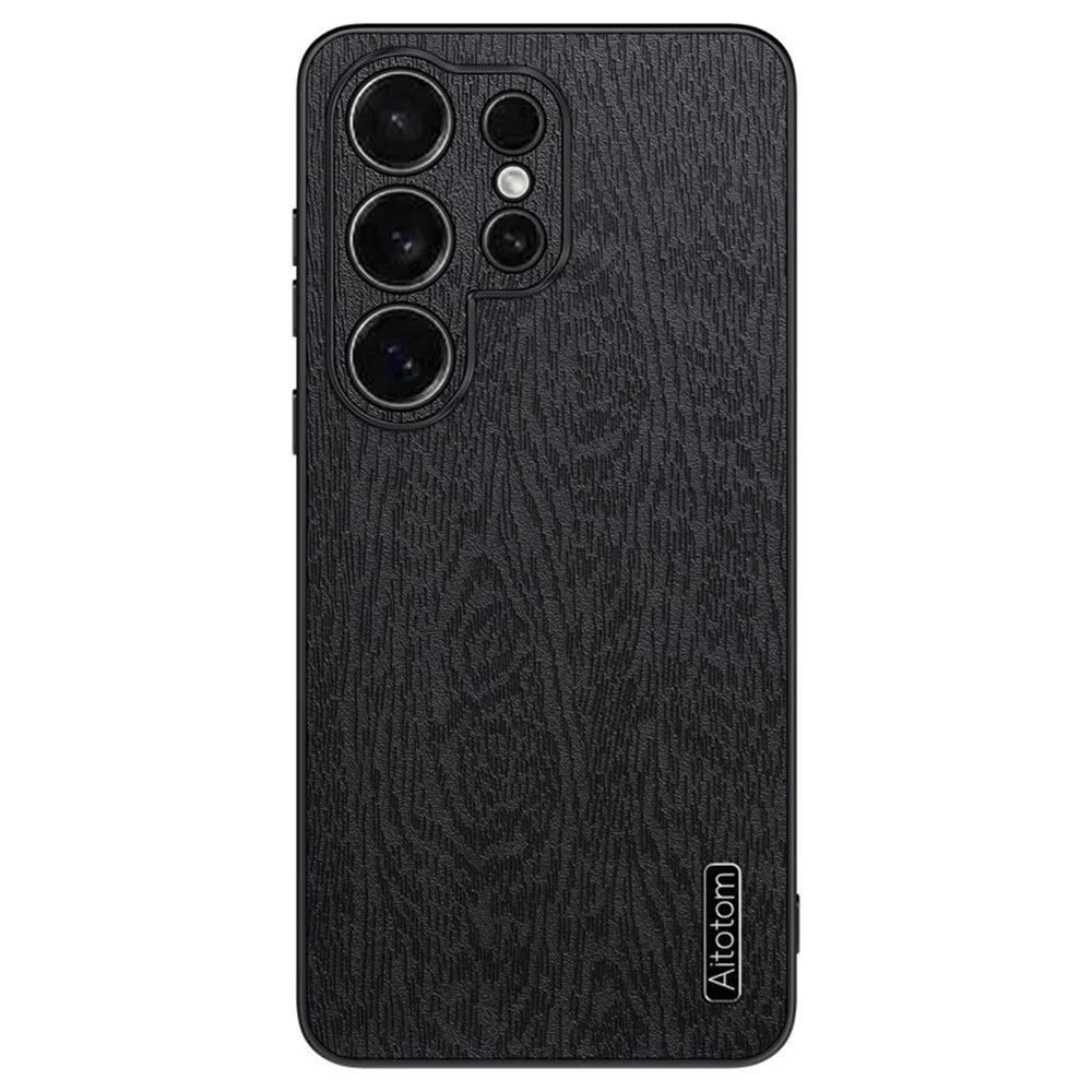 For Samsung Galaxy S26 Ultra Case Wood Texture PU Leather Coated PC TPU Phone Cover - Black - 1