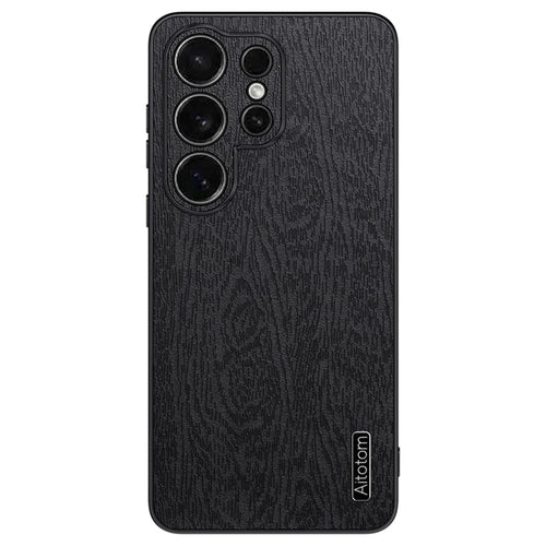 For Samsung Galaxy S26 Ultra Case Wood Texture PU Leather Coated PC TPU Phone Cover - Black - 1