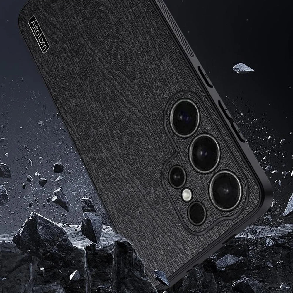 For Samsung Galaxy S26 Ultra Case Wood Texture PU Leather Coated PC TPU Phone Cover - Black - 4