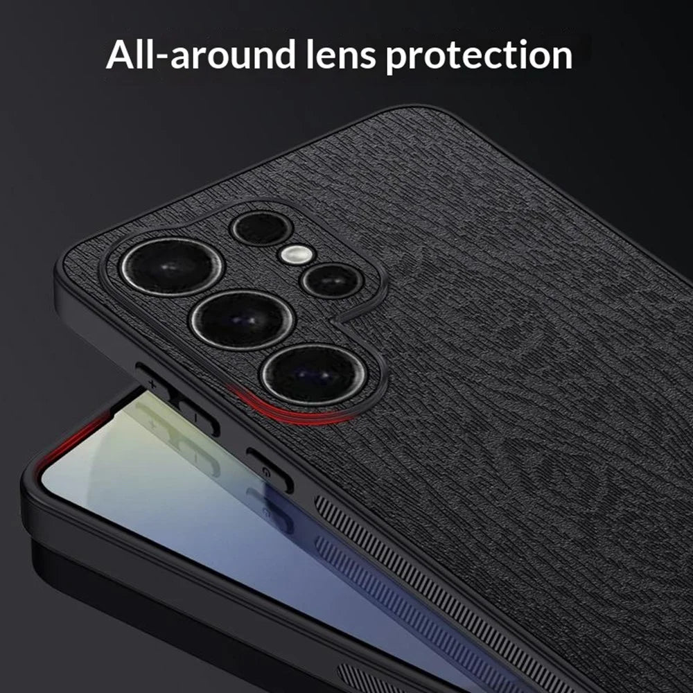 For Samsung Galaxy S26 Ultra Case Wood Texture PU Leather Coated PC TPU Phone Cover - Black - 5