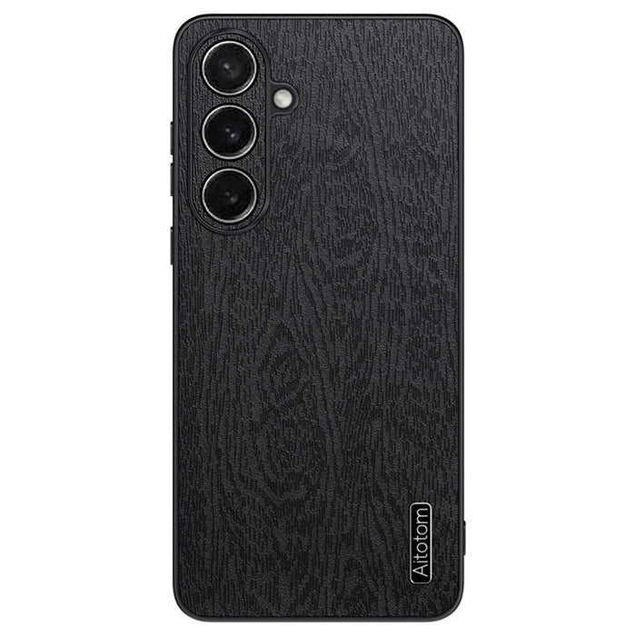 For Samsung Galaxy S26 Case Wood Texture PU Leather Coated PC TPU Phone Cover - Black - 1
