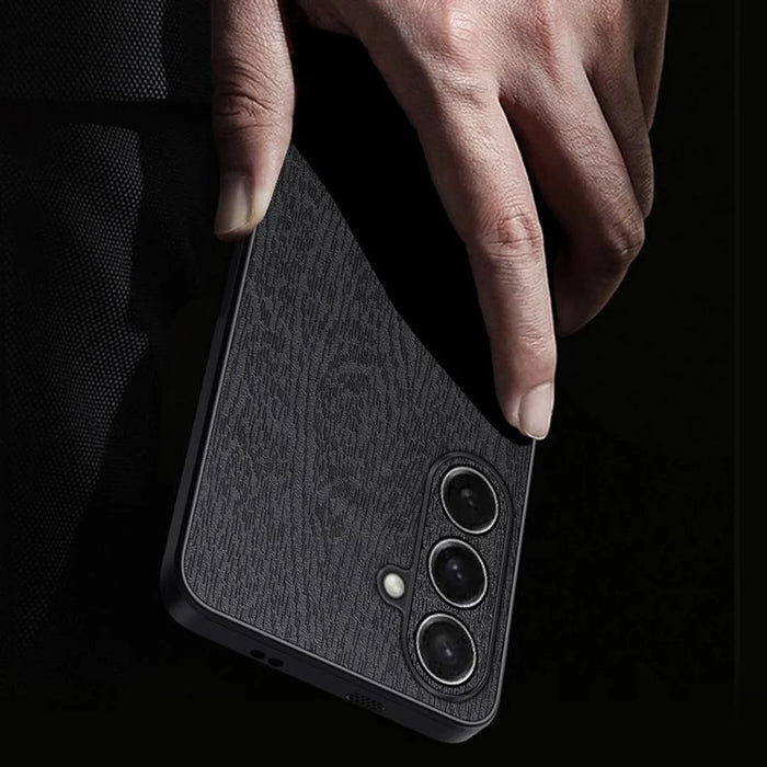 For Samsung Galaxy S26 Case Wood Texture PU Leather Coated PC TPU Phone Cover - Black - 3