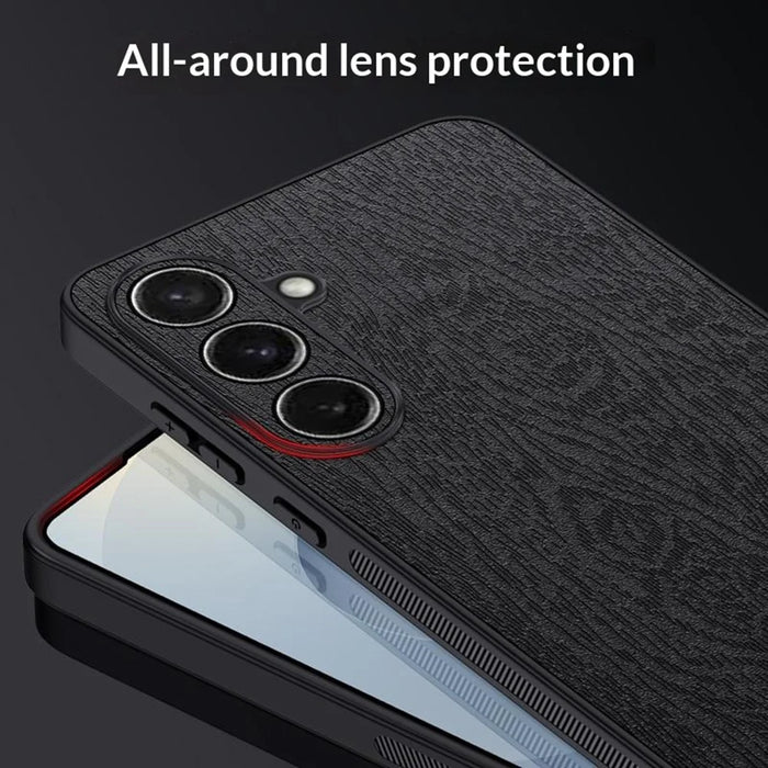 For Samsung Galaxy S26 Case Wood Texture PU Leather Coated PC TPU Phone Cover - Black - 5