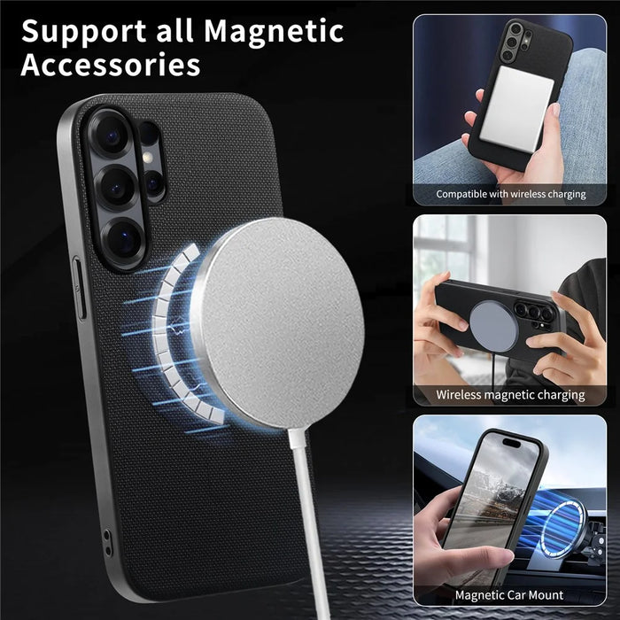 For Samsung Galaxy S26 Ultra Magnetic Case Fine Grid Texture Leather + PC + TPU Phone Cover - Black - 6
