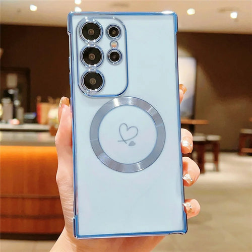 For Samsung Galaxy S26 Ultra Magnetic Case Electroplated TPU Phone Cover Hollow Love Hearts - Blue - 1