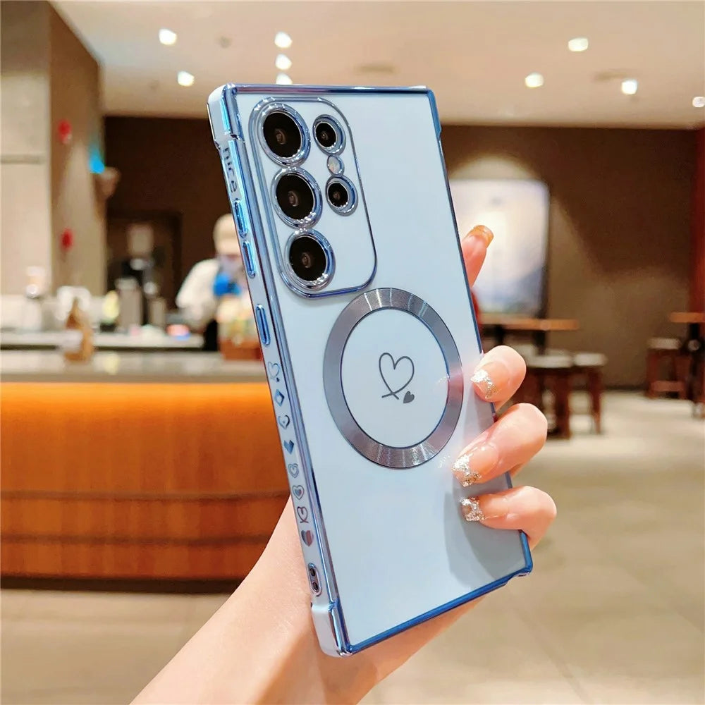 For Samsung Galaxy S26 Ultra Magnetic Case Electroplated TPU Phone Cover Hollow Love Hearts - Blue - 2
