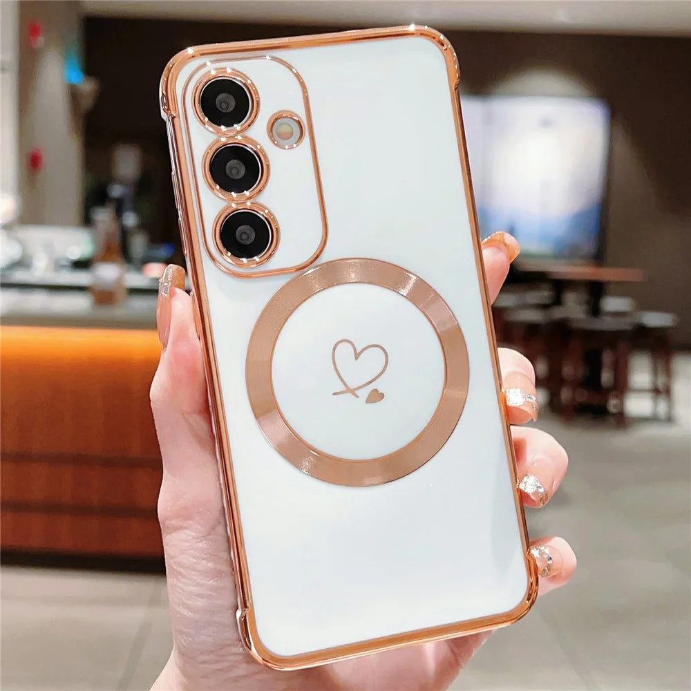 For Samsung Galaxy S26+ Magnetic Case Electroplated TPU Phone Cover Hollow Love Hearts - Ivory White - 1
