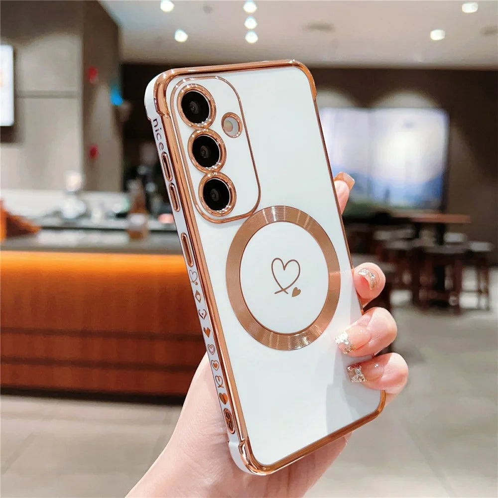 For Samsung Galaxy S26+ Magnetic Case Electroplated TPU Phone Cover Hollow Love Hearts - Ivory White - 2