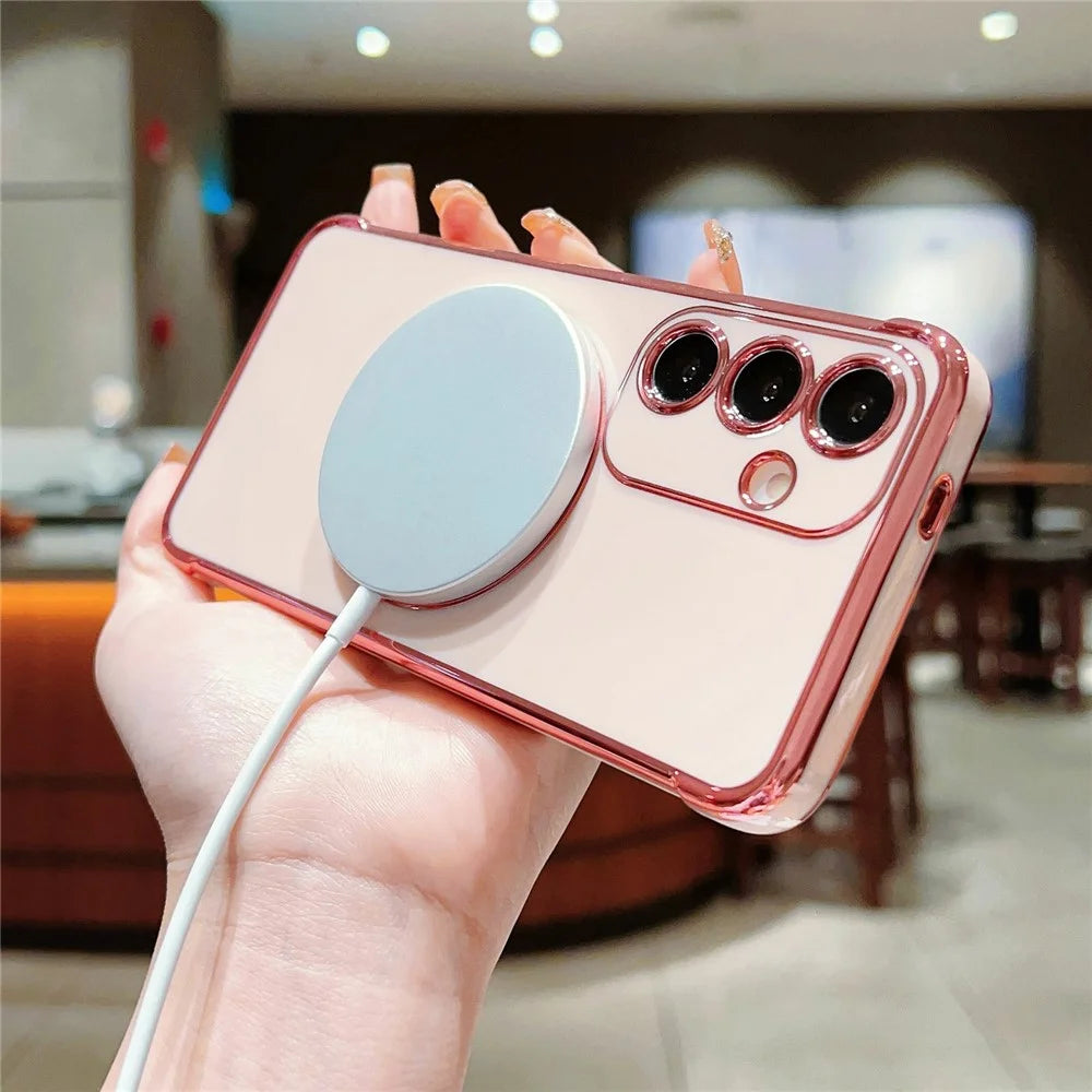 For Samsung Galaxy S26+ Magnetic Case Electroplated TPU Phone Cover Hollow Love Hearts - Ivory White - 3