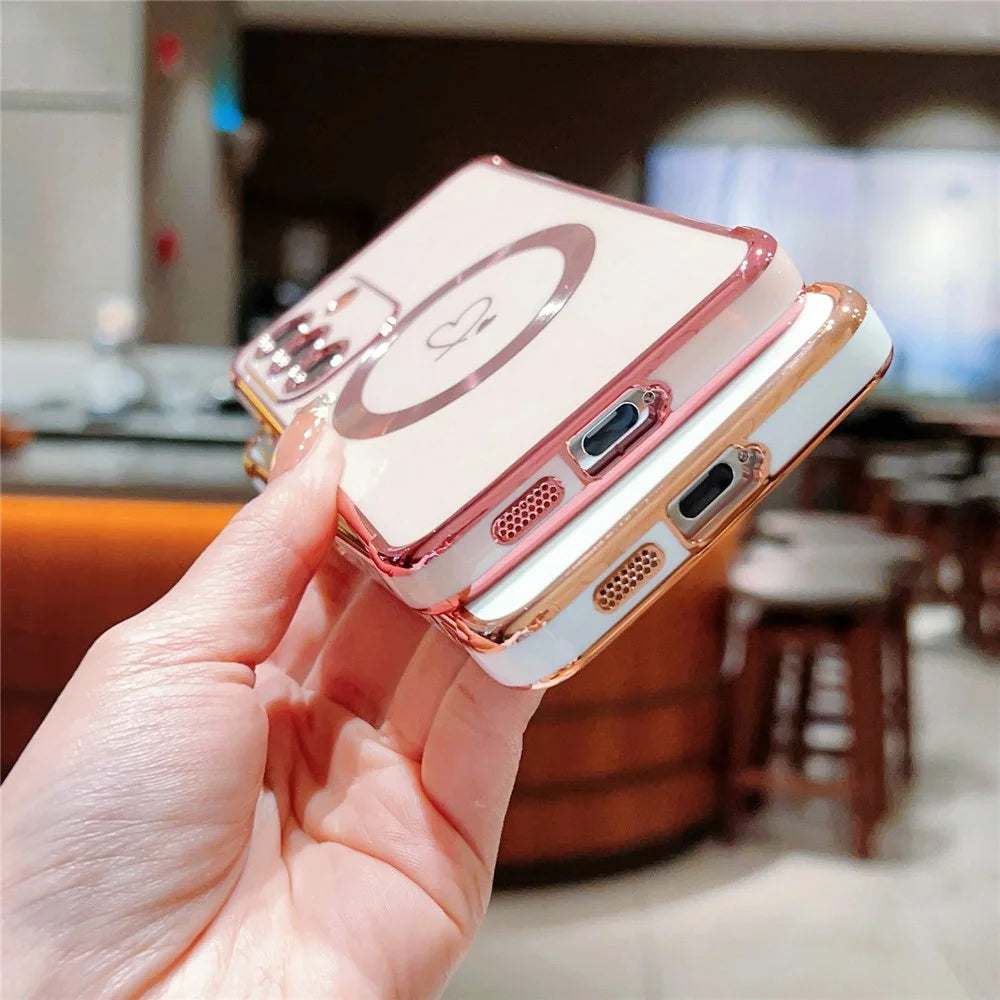 For Samsung Galaxy S26+ Magnetic Case Electroplated TPU Phone Cover Hollow Love Hearts - Ivory White - 5