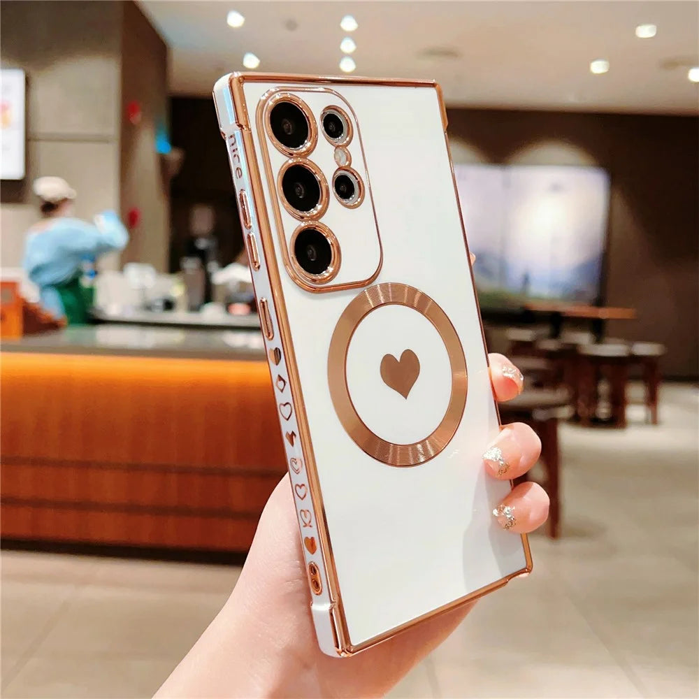 For Samsung Galaxy S26 Ultra Magnetic Case Electroplating Soft TPU Cover with Cute Love Heart - Ivory White - 1