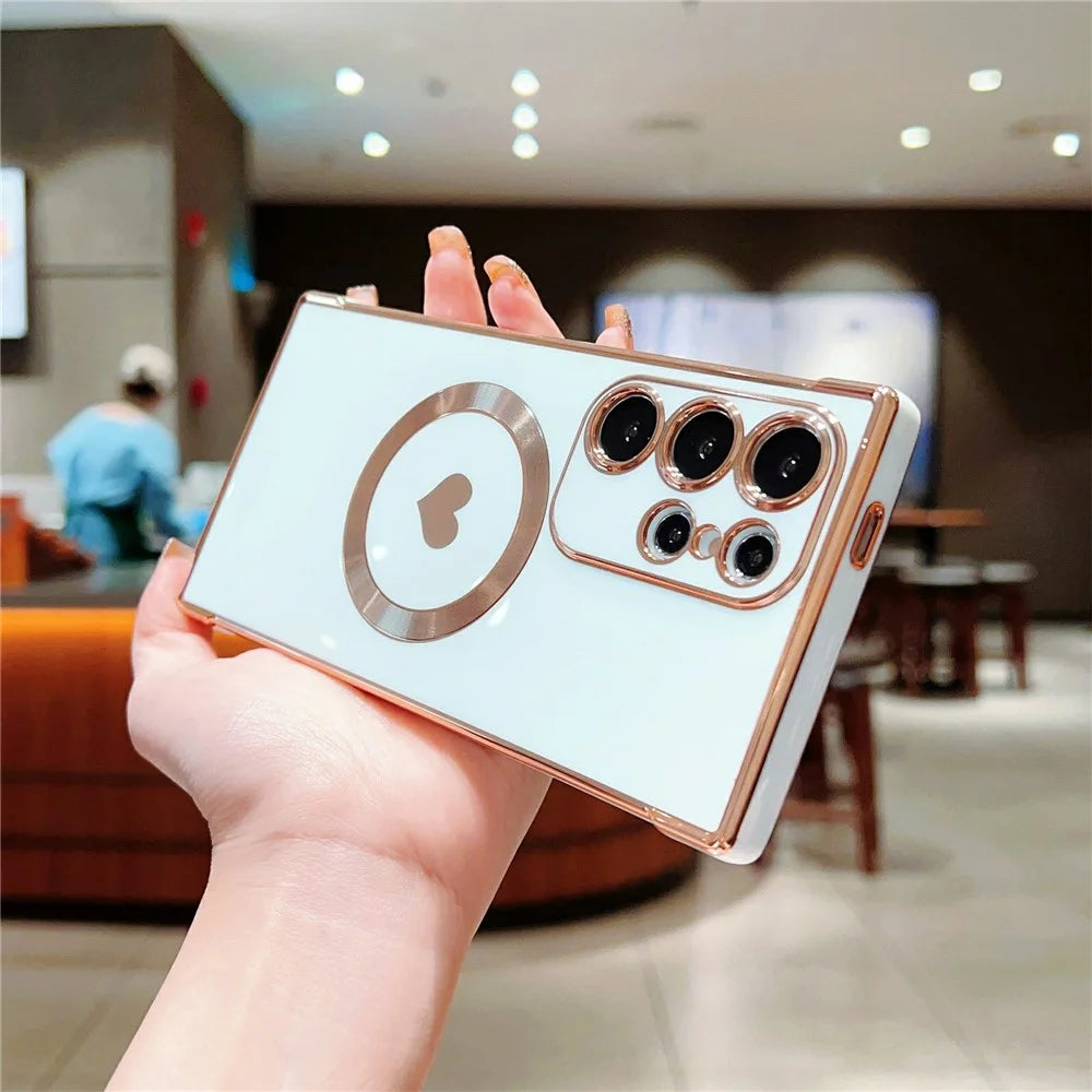 For Samsung Galaxy S26 Ultra Magnetic Case Electroplating Soft TPU Cover with Cute Love Heart - Ivory White - 2
