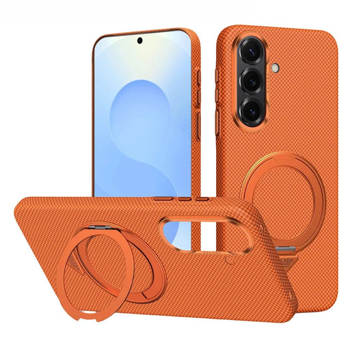 SULADA For Samsung Galaxy S26 Kickstand Magnetic Case Aramid Fiber Grid Textured Anti Fingerprint PC Phone Cover - Orange - 1