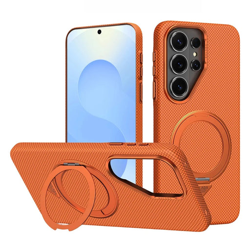 SULADA For Samsung Galaxy S26 Ultra Kickstand Magnetic Case Aramid Fiber Grid Textured Anti Fingerprint PC Phone Cover - Orange - 1