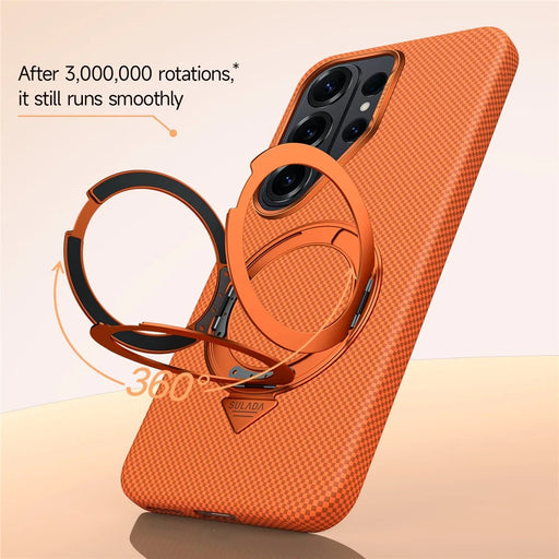 SULADA For Samsung Galaxy S26 Ultra Kickstand Magnetic Case Aramid Fiber Grid Textured Anti Fingerprint PC Phone Cover - Orange - 2