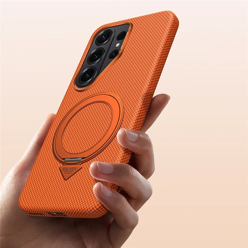 SULADA For Samsung Galaxy S26 Ultra Kickstand Magnetic Case Aramid Fiber Grid Textured Anti Fingerprint PC Phone Cover - Orange - 3