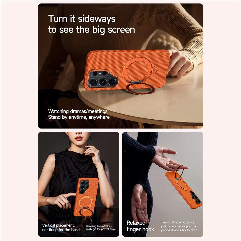 SULADA For Samsung Galaxy S26 Ultra Kickstand Magnetic Case Aramid Fiber Grid Textured Anti Fingerprint PC Phone Cover - Orange - 5