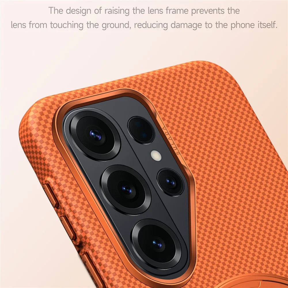SULADA For Samsung Galaxy S26 Ultra Kickstand Magnetic Case Aramid Fiber Grid Textured Anti Fingerprint PC Phone Cover - Orange - 6