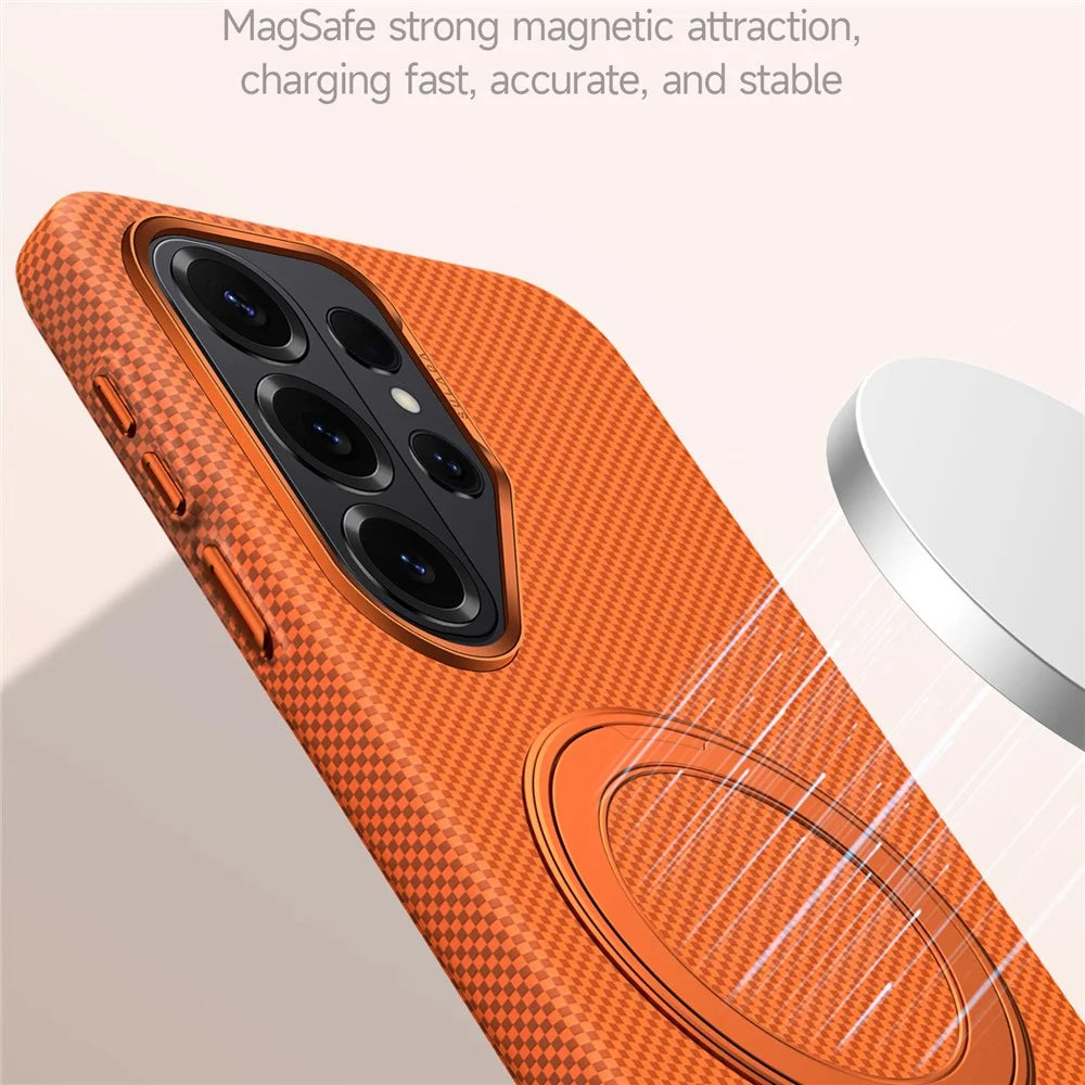 SULADA For Samsung Galaxy S26 Ultra Kickstand Magnetic Case Aramid Fiber Grid Textured Anti Fingerprint PC Phone Cover - Orange - 7