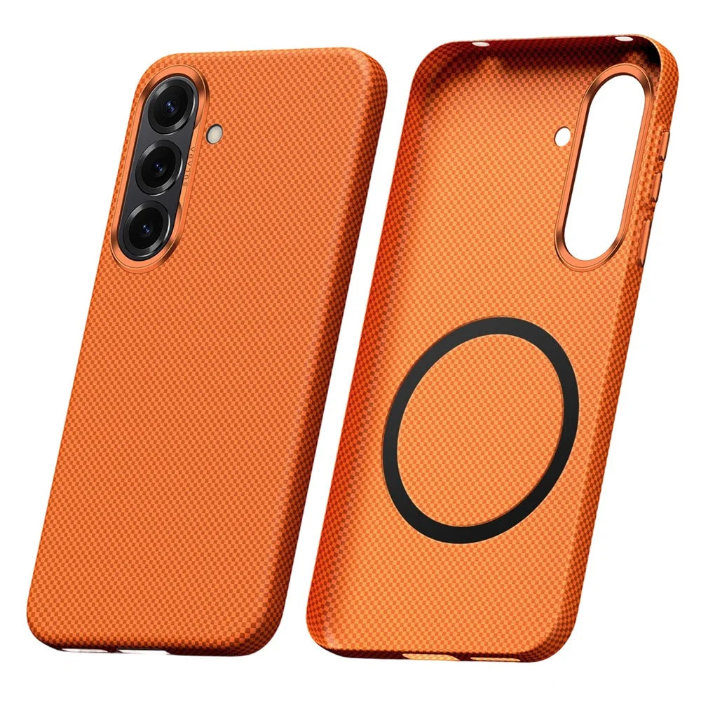 SULADA For Samsung Galaxy S26 Protective Magnetic Case Aramid Fiber Grid Textured Anti Fingerprint PC Phone Cover - Orange - 1