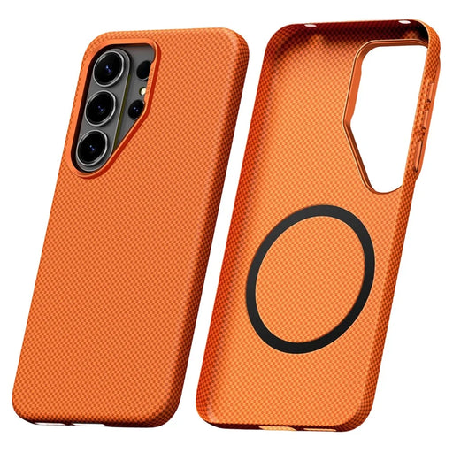 SULADA For Samsung Galaxy S26 Ultra Protective Magnetic Case Aramid Fiber Grid Textured Anti Fingerprint PC Phone Cover - Orange - 1