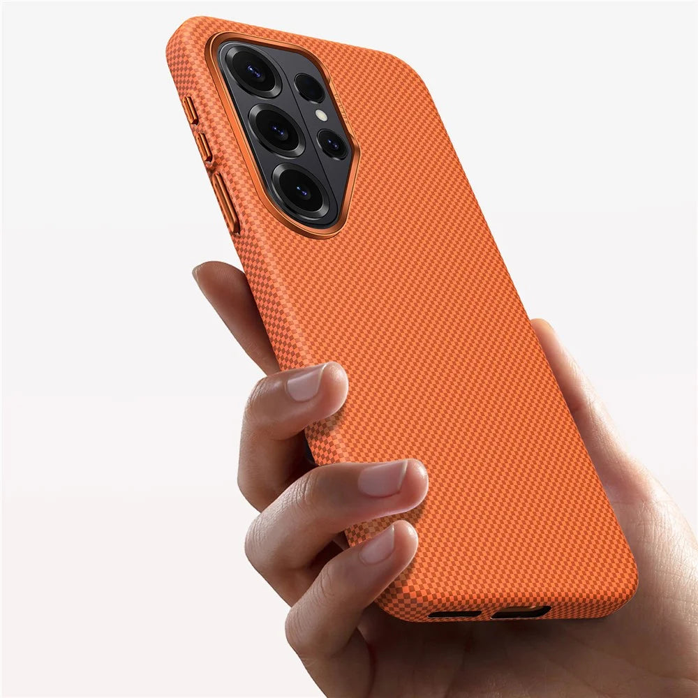 SULADA For Samsung Galaxy S26 Ultra Protective Magnetic Case Aramid Fiber Grid Textured Anti Fingerprint PC Phone Cover - Orange - 2