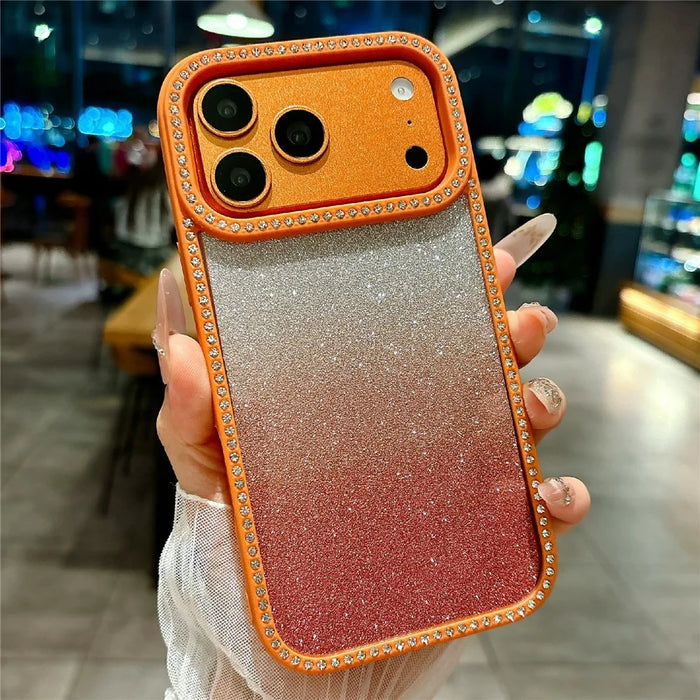 For iPhone 17 Pro Max Case Gradient Glitter Rhinestone Decor TPU Acrylic Shockproof Phone Cover - Orange - 1