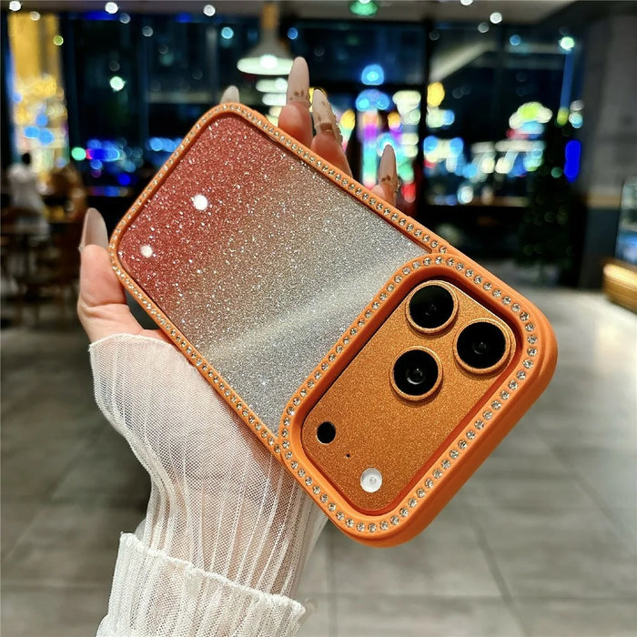 For iPhone 17 Pro Max Case Gradient Glitter Rhinestone Decor TPU Acrylic Shockproof Phone Cover - Orange - 3