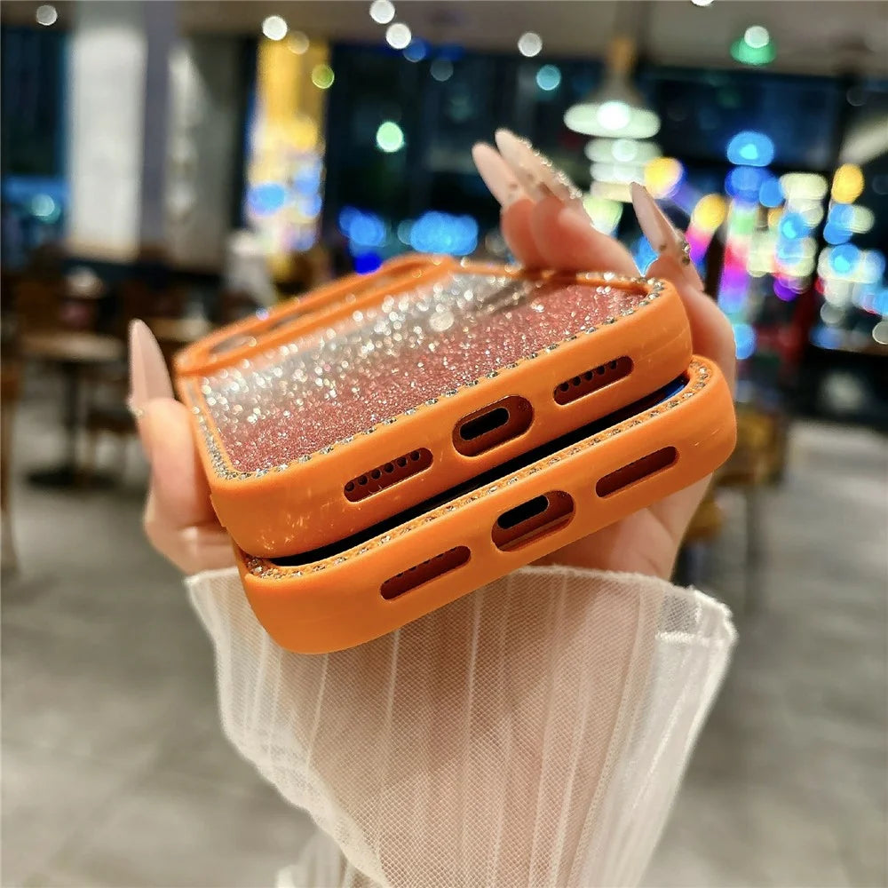 For iPhone  18 Pro / 17  Pro Case Gradient Glitter Rhinestone Decor TPU Acrylic Shockproof Phone Cover - Orange - 5