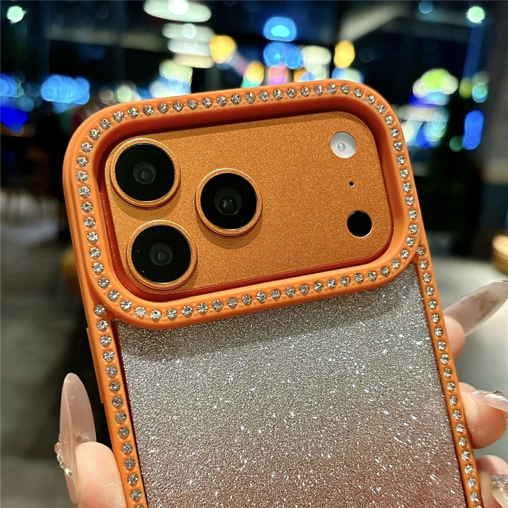 For iPhone  18 Pro / 17  Pro Case Gradient Glitter Rhinestone Decor TPU Acrylic Shockproof Phone Cover - Orange - 6