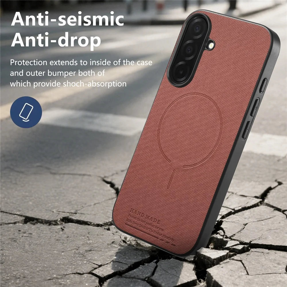 For Samsung Galaxy S26+ Magnetic Case Cloth Texture PC + TPU + PU Leather Anti-Scratch Phone Cover - Brownish Red - 3